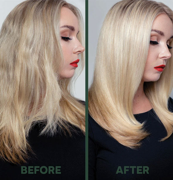 Model's hair before and after using ColorProof Baobab Recovery Conditioner