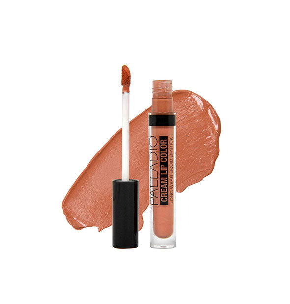 Tube of nude Palladio Cream Lip Color with applicator removed and color swatch behind