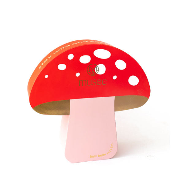 Red, white, pink, and orange mushroom-shaped box with Musee brand logo