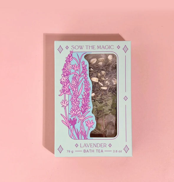 Lavender Bath Tea box by Sow the Magic on a pink surface