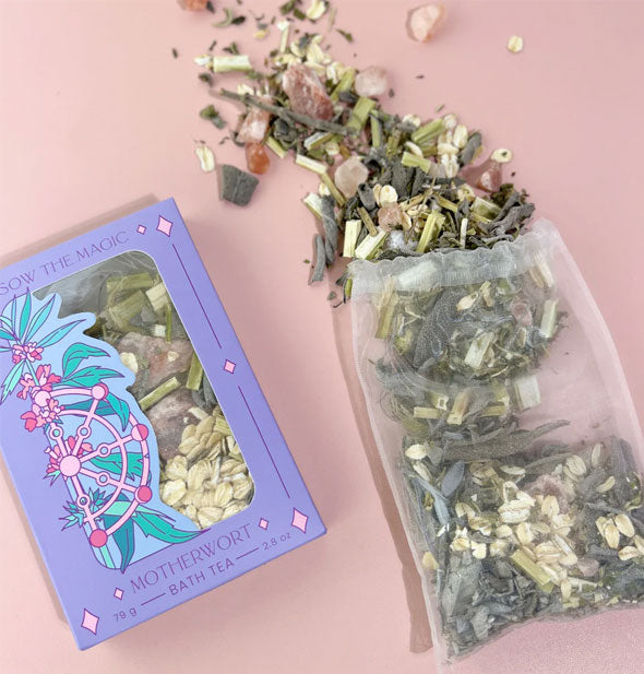 Sow the Magic Motherwort Bath Tea box and sachet with loose herbal contents spilling out