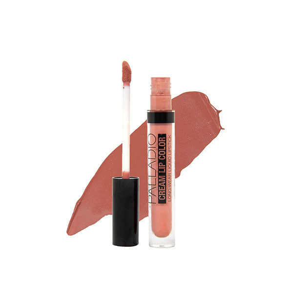 Tube of nude Palladio Cream Lip Color with applicator removed and color swatch behind