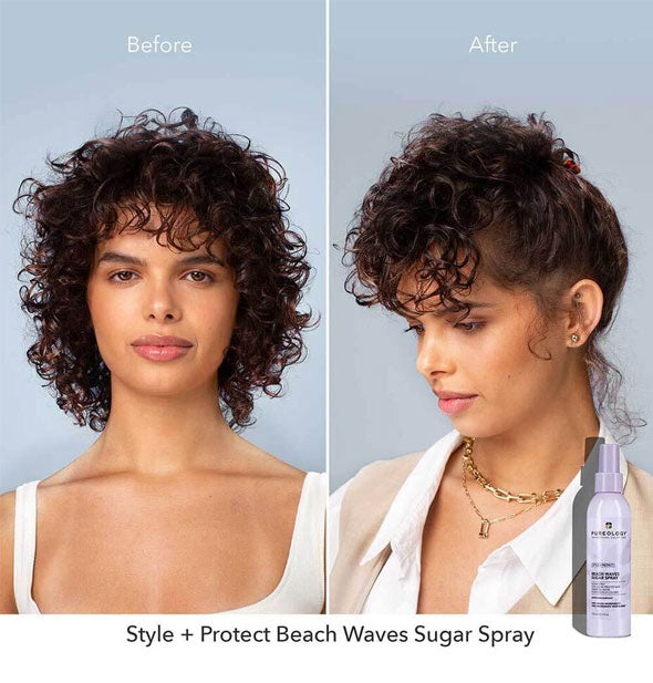 Before and after results of using Pureology Style + Protect Beach Waves Sugar Spray