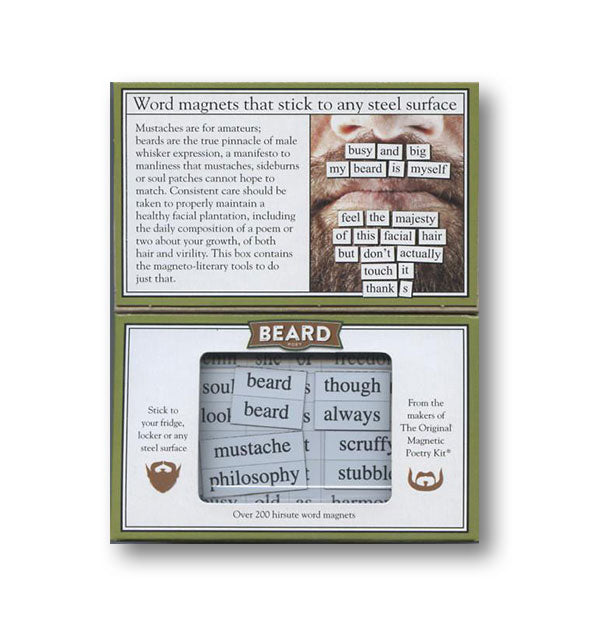 Beard Poet by Magnetic Poetry Kit box interior shows some of the included word tiles