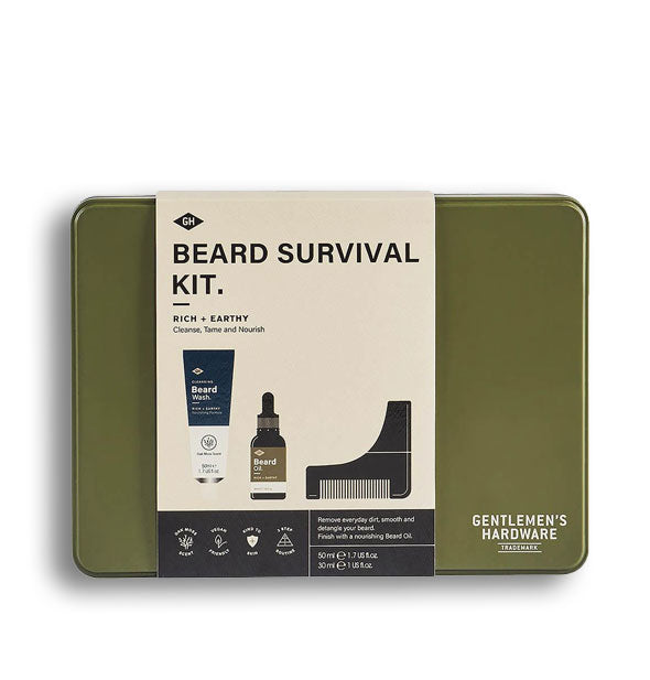 Olive green Beard Survival Kit tin with label