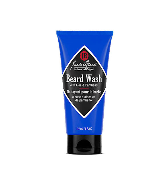 Blue 6 ounce bottle of Jack Black Beard Wash with diamond-shaped black and white logo with red accents