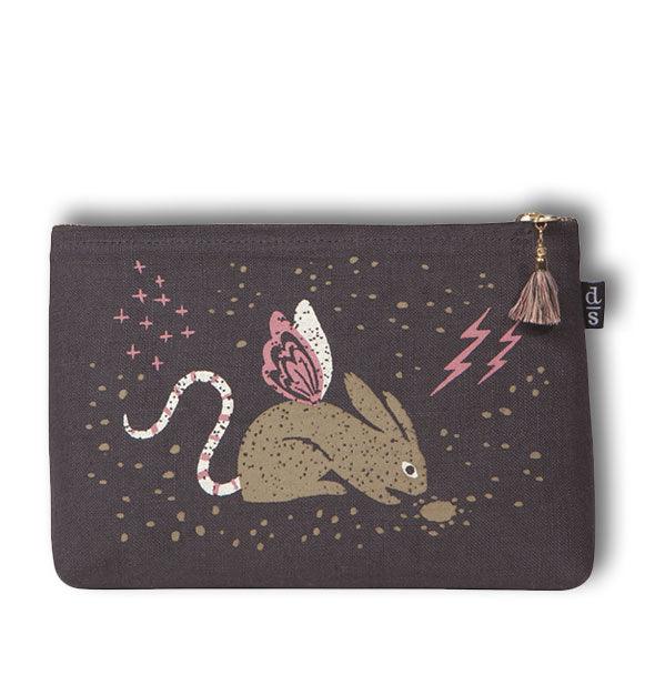 Zipper pouch featuring illustration of a winged rabbit with a long tail among stars and lightning bolts