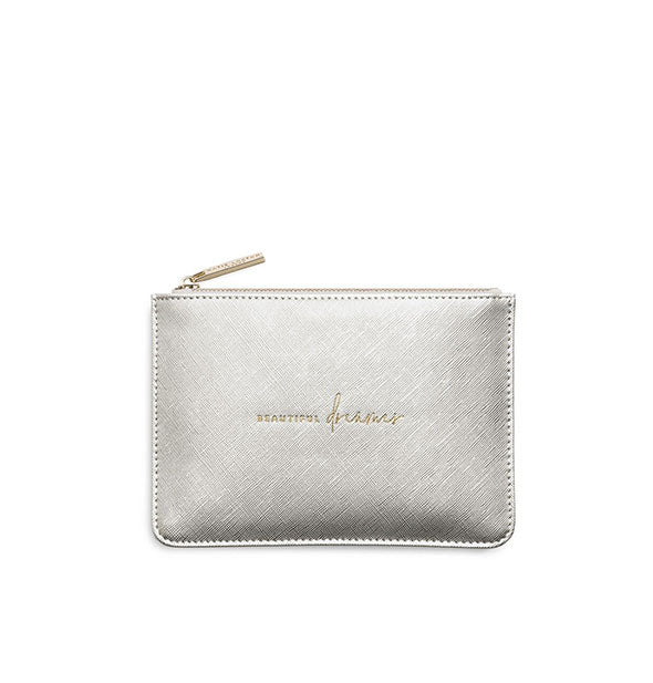 Metallic silver pouch with text Beautiful Dreamer