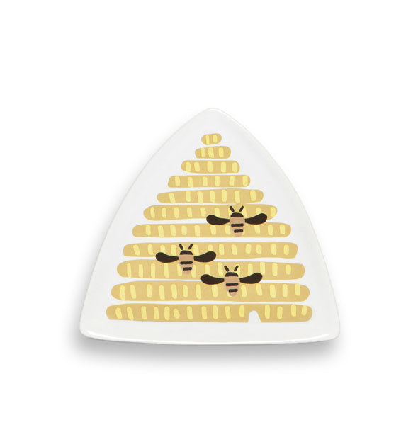 White triangular dish with beehive and bees design