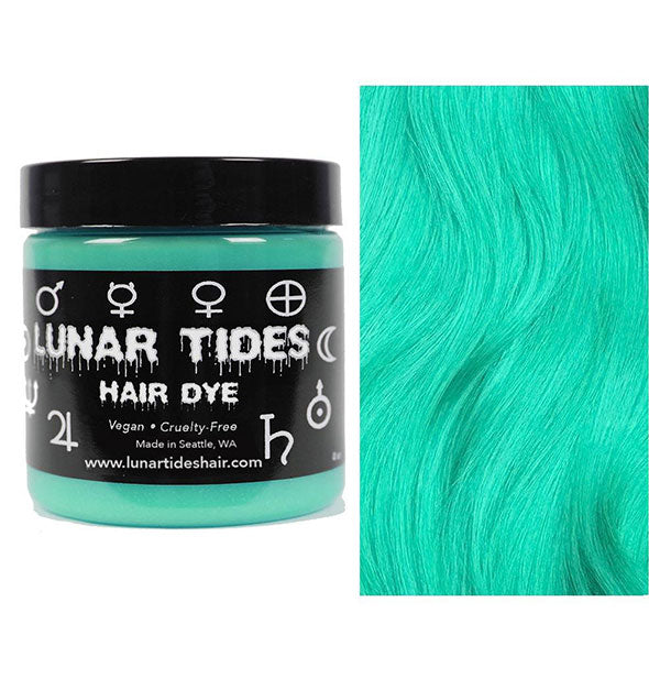Lunar Tides Hair Dye pot shown in vibrant aqua shade Beetle Green