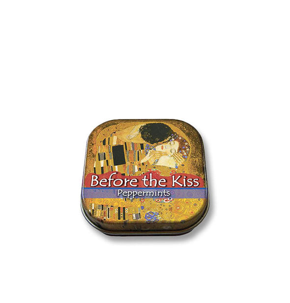 Rounded square tin of Before the Kiss Peppermints featuring design based on Gustav Klimt's "The Kiss."