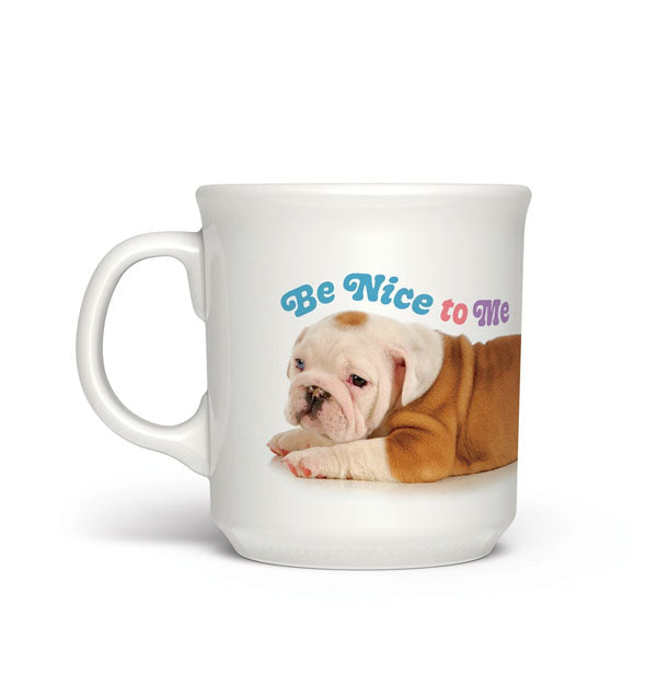 White coffee mug with image of a sad-looking brown and white bulldog puppy says, "Be Nice to Me" in blue, pink, and purple lettering