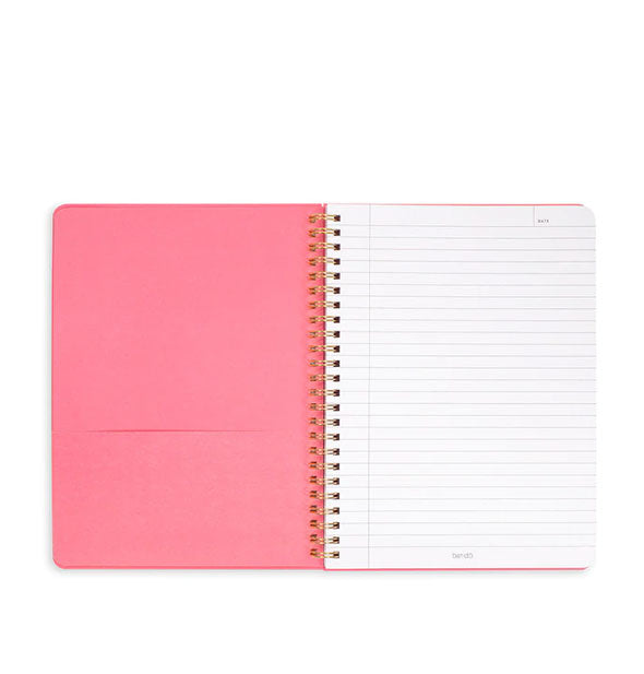 Notebook interior with spiral-bound left pink pocket page and right white lined page