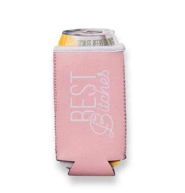Pink Best Bitches can koozie shown on can