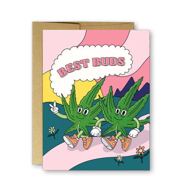 Greeting card with illustration of two pot leaves wearing sneakers and holding hands walking down a pink pathway between flowers says, "Best Buds" in pink lettering inside a white cloud