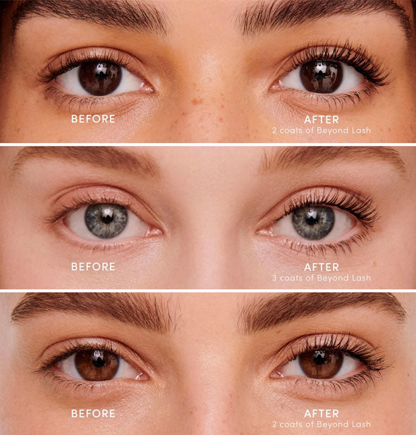 Before and after 2-3 coats of Jane Iredale mascara on three different pairs of eyes