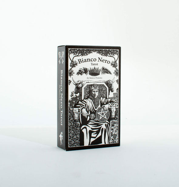 Bianco Nero Tarot card deck box features black and white knight illustration