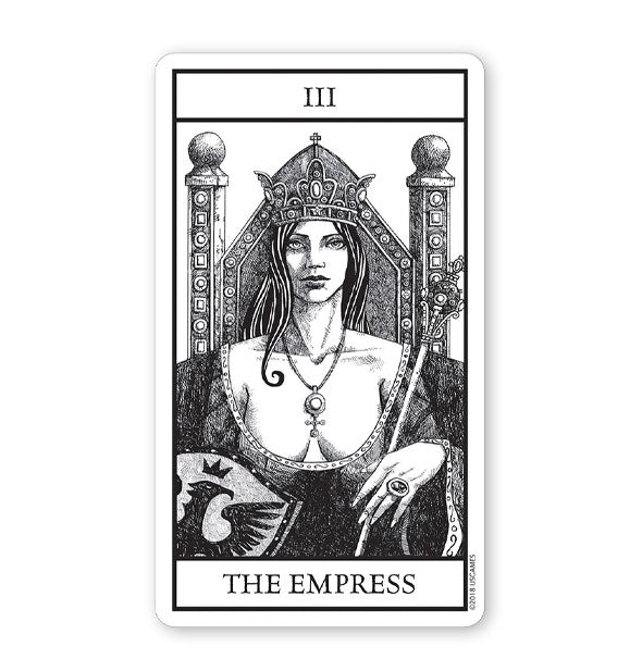 The Empress tarot card from the Bianco Nero deck features black and white illustration of a scantily-clad matriarch on a throne