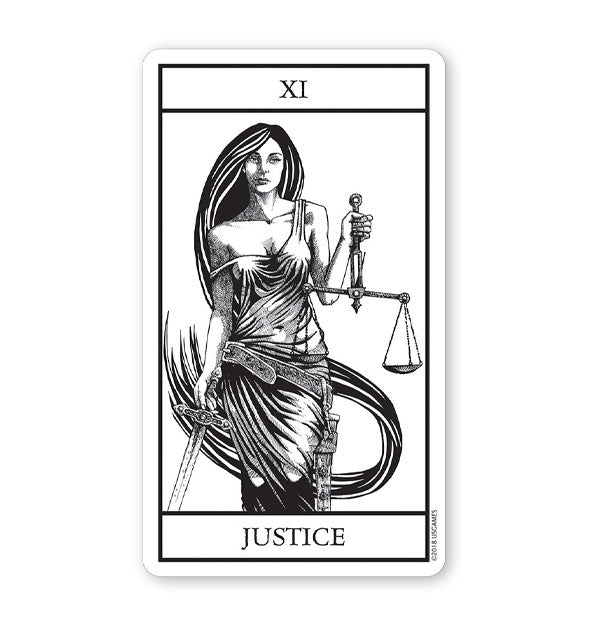 Justice tarot card from the Bianco Nero deck features black and white engraved illustration of a scantily-clad woman holding scales and a sword