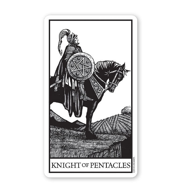 Knight of Pentacles tarot card from the Bianco Nero deck features black and white engraving illustration of a knight on horseback holding a pentagram shield