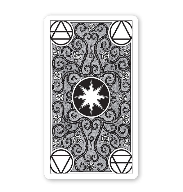 Intricately illustrated black and white tarot card back features swirling tendrils and geometric shapes