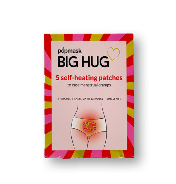 Pack of 5 Popmask Big Hug Self-Heating Patches to Ease Menstrual Cramps with colorful striped border and illustration of demonstrated use
