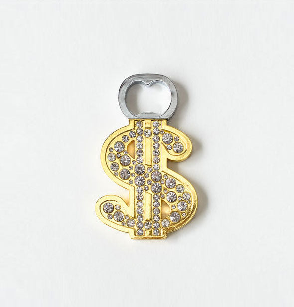 Bottle opener with gold dollar sign emblem accented with rhinestones