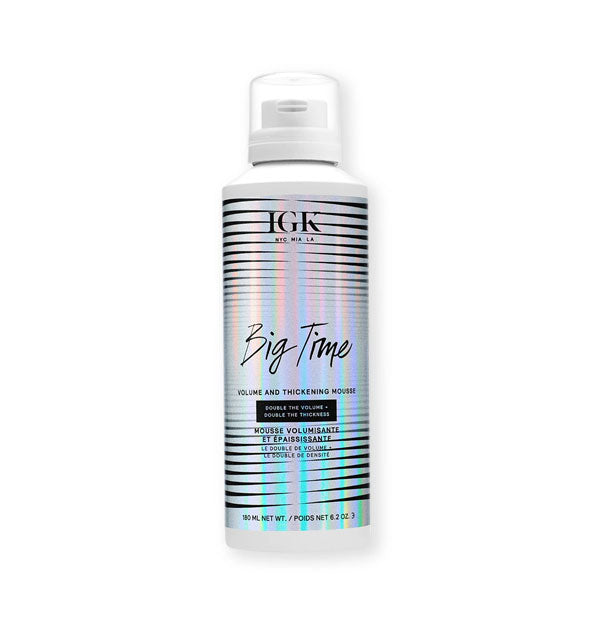 6.2 ounce can of IGK Big Time Volume and Thickening Mousse with holographic stripe design