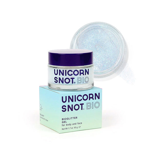 Pot of blueish iridescent Unicorn Snot Bio Glitter Gel with top view of opened pot at top right in the shade Galaxy
