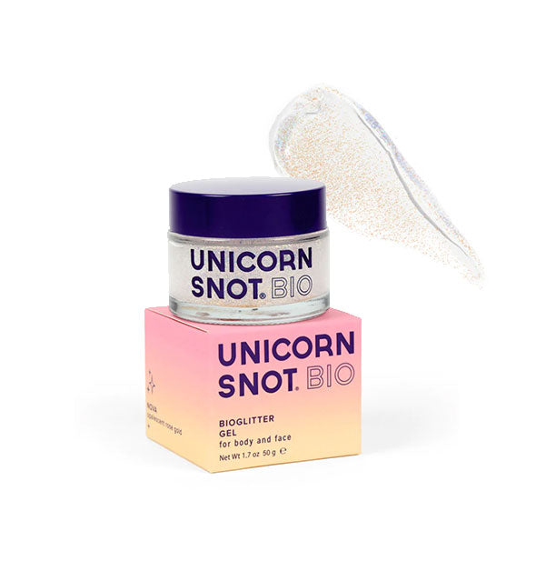 Pot of clear iridescent Unicorn Snot Bio Glitter Gel with sample product application at top right in the shade Nova