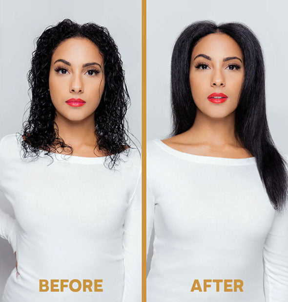 Side-by-side comparison of model's hair before and after using ColorProof Biorepair Thicken products