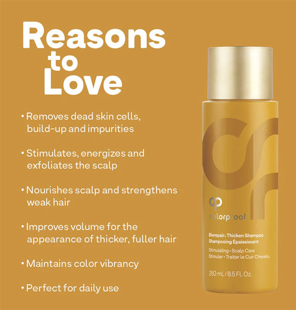 A bottle of ColorProof Biorepair Thicken Shampoo next to bulleted list of "Reasons to Love" it
