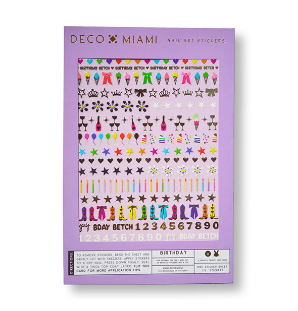 Pack of Deco Miami Nail Art Stickers with birthday-themed designs