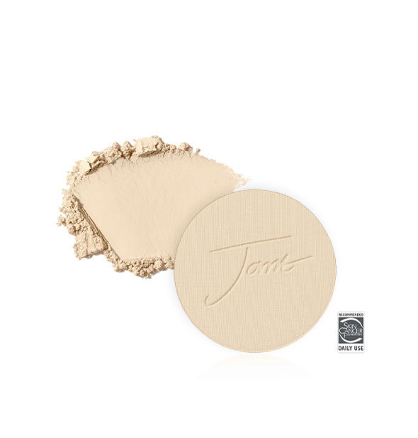 Jane Iredale PurePressed Base Mineral Foundation Refill with sample product swatch behind in the shade Bisque