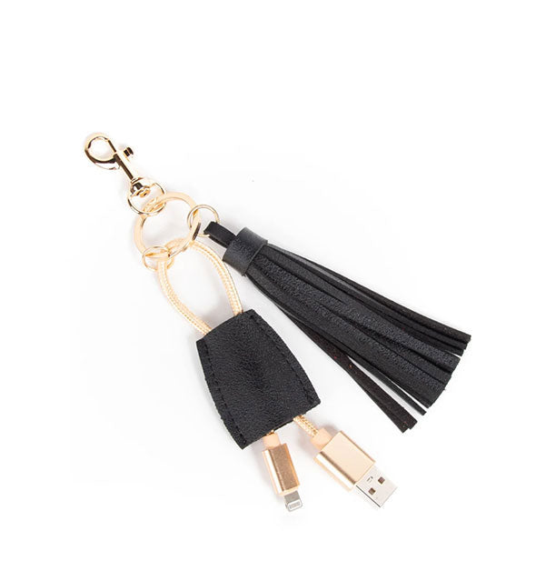 Gold clip key ring with attached black leather tassel and tab with iPhone and USB connectors.