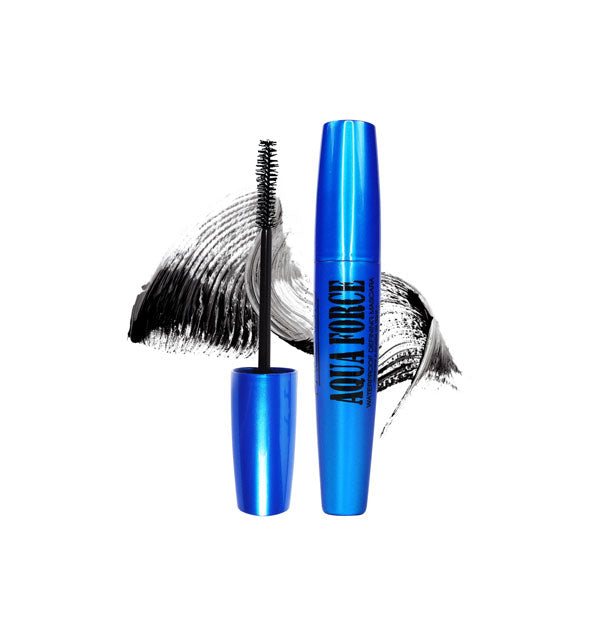 Blue tube of Aqua Force mascara with applicator wand shown and black product swatch behind