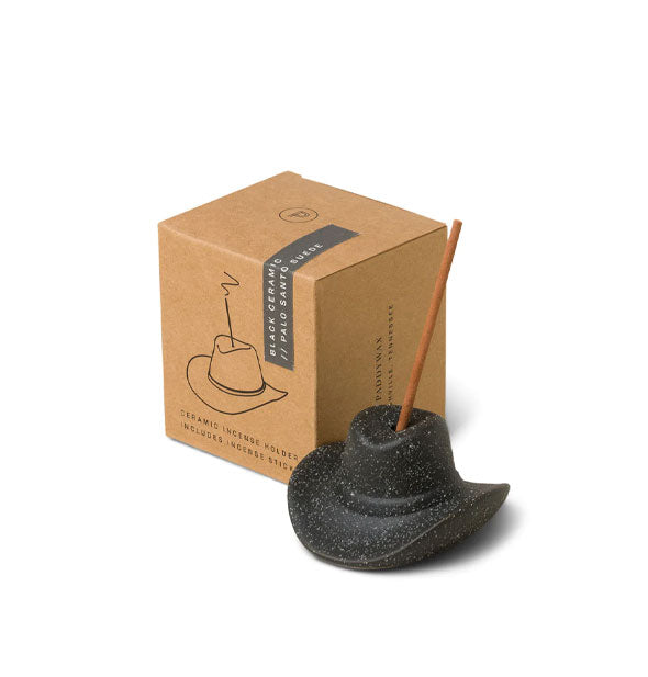 Black ceramic cowboy hat incense holder with incense stick and brown box packaging