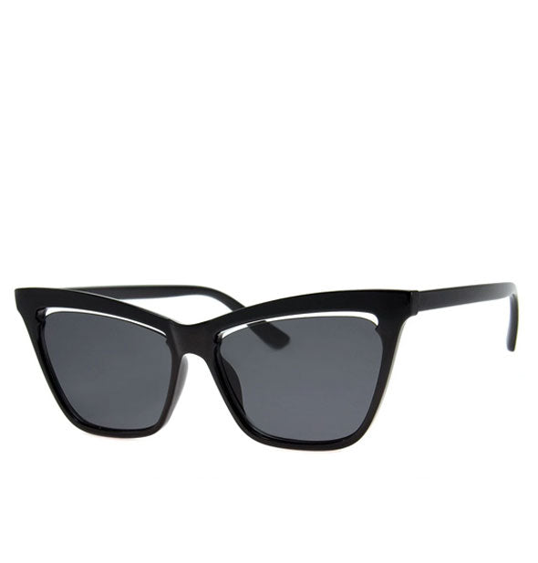 Pair of black cat eye sunglasses with accent gap between lens and top of frame