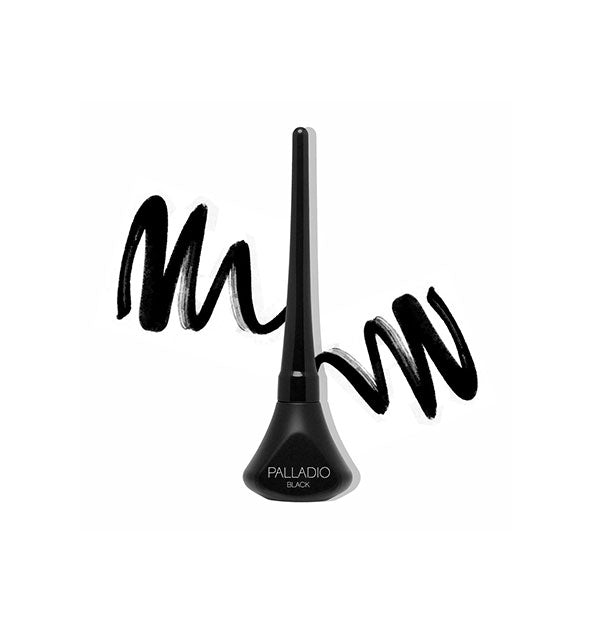 Tube of Palladio Liquid Eyeliner in Black with product sample squiggles drawn on either side