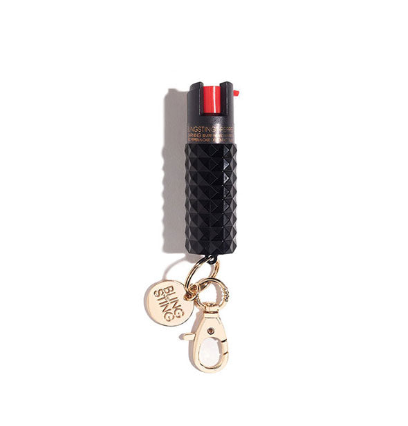 Black studded pepper spray canister with rose gold Blingsting tab and lobster clasp