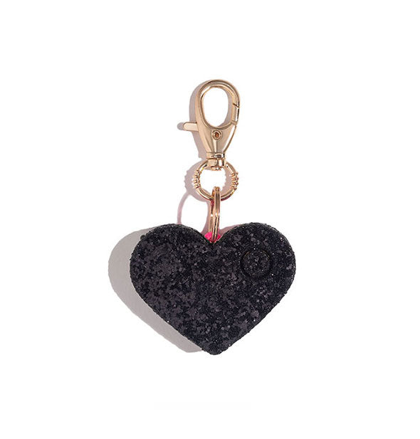 Black glitter heart-shaped personal alarm with gold lobster clasp attached