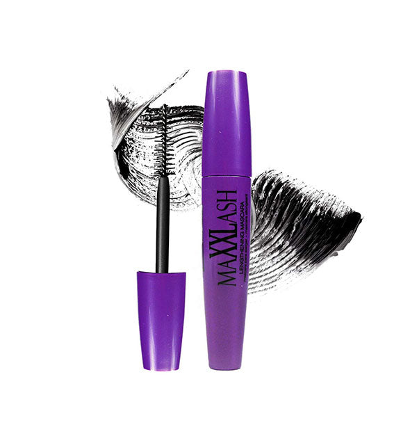 Purple tube of MaXXLash mascara with black color sample behind