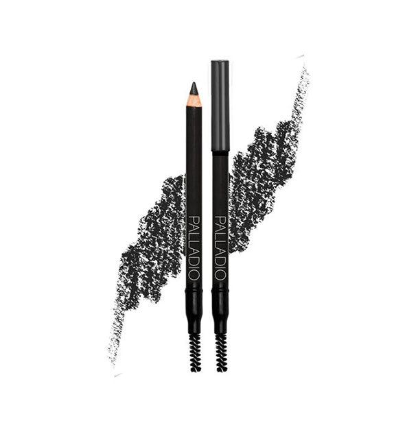 Two double-ended Palladio spoolie pencils, one with cap on and one with cap off, flanked by drawn color sample in a black shade
