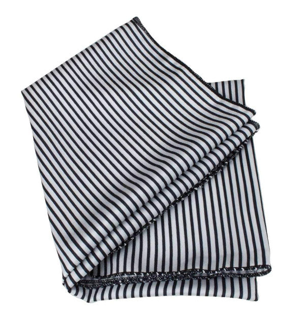 Folded black and white striped satin headscarf