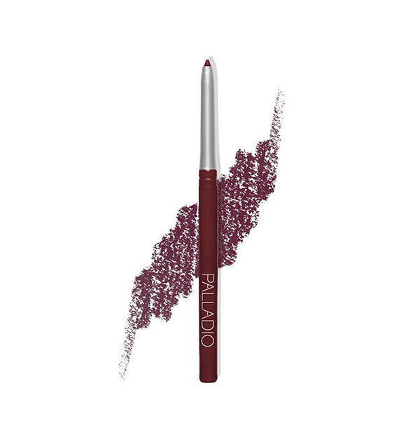 Retractable Palladio liner pencil with sample drawing behind in a dark reddish purple shade