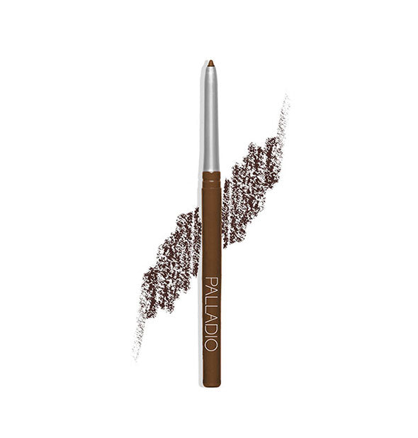 Retractable Palladio liner pencil with sample drawn behind in a dark brown shade