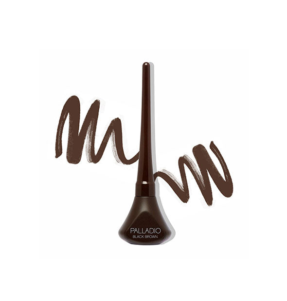 Tube of Palladio Liquid Eyeliner in Black/Brown with product sample squiggles drawn on either side