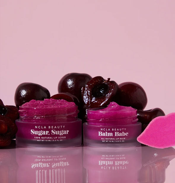 NCLA Beauty Sugar, Sugar and Balm Babe jars with lip scrubber partially shown
