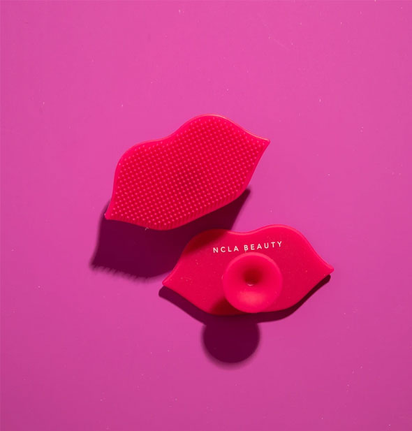 NCLA Beauty textured pink lip scrubber shown from the front and back