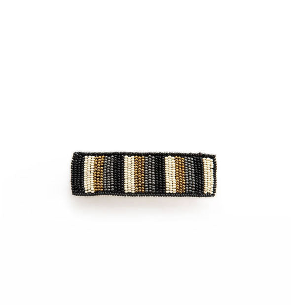 Rectangular beaded hair barrette with black, ivory, gold, and charcoal stripe design